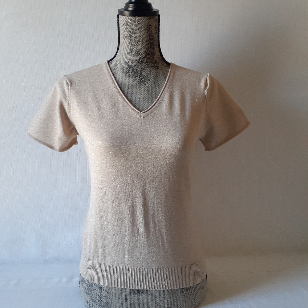 Talbots girls beige/gold sparkle short sleeve v-neck top size L